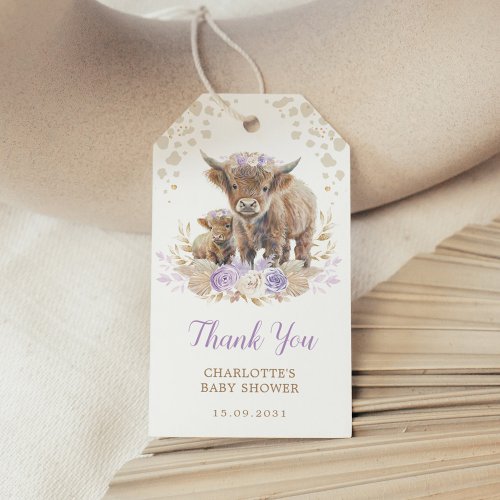 Chic Purple Boho Highland Cow Girl Baby Shower Gift Tags