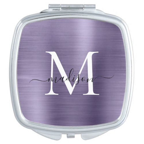 Chic Purple Brushed Metal Monogram Girly Script Compact Mirror