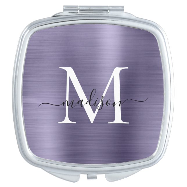Chic Purple Brushed Metal Monogram Girly Script Compact Mirror (Front)