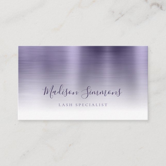 Chic Purple Brushed Metal Monogram Stylish Script Business Card (Front)