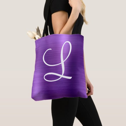 Chic Purple Brushed Metal White Monogram Tote Bag