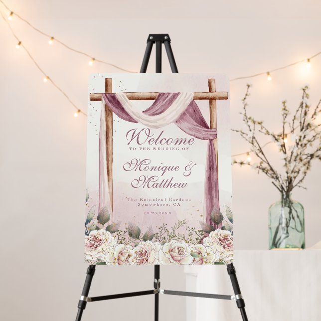 Chic Purple Canopy Floral Wedding Welcome Sign (In Situ (Stand))
