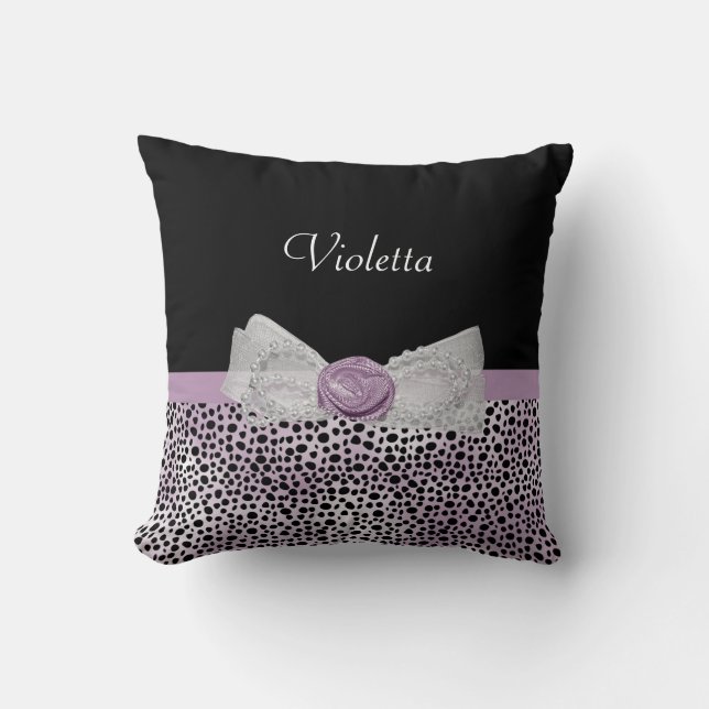 Chic Purple Cheetah Print Cute Rose Bow and Name Throw Pillow (Front)