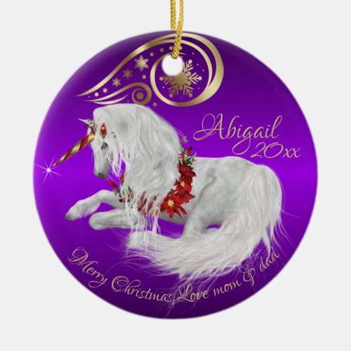 Chic Purple Christmas Unicorn Gold Accent Joy  Ceramic Ornament