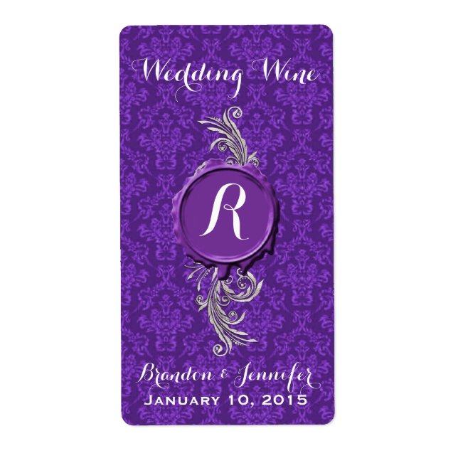 Chic Purple Damask Wedding Mini Wine Labels (Front)