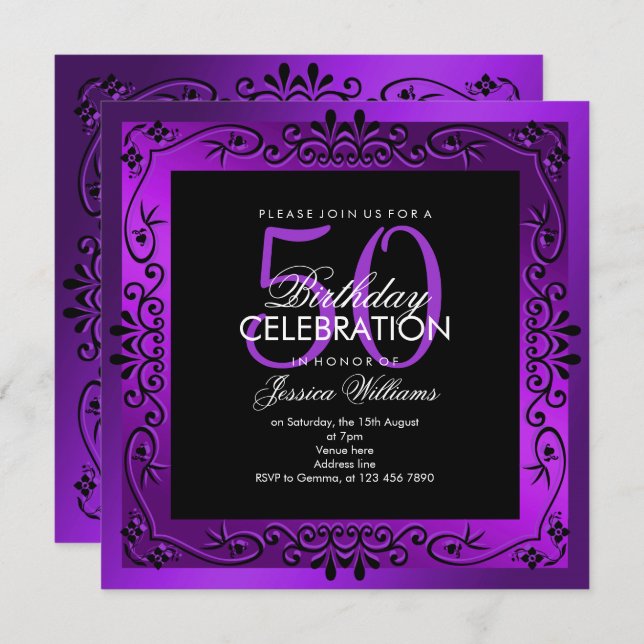 Chic Purple Decorative Framed 50th Birthday Invitation (Front/Back)