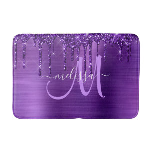 Chic Purple Dripping Glitter Brush Metal Monogram Bath Mat