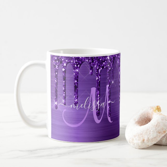 Chic Purple Dripping Glitter Brush Metal Monogram Coffee Mug (With Donut)