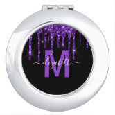 Purple Brushed Metal Silver Glitter Monogram Name Compact Mirror