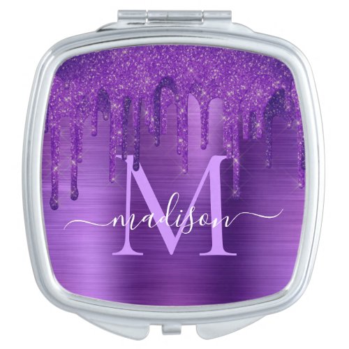 Chic Purple Dripping Glitter Brush Metal Monogram Compact Mirror