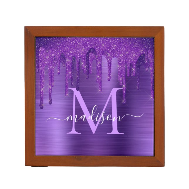 Chic Purple Dripping Glitter Brush Metal Monogram Desk Organizer (Front)