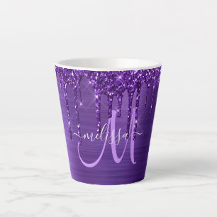 Chic Purple Dripping Glitter Brush Metal Monogram Latte Mug