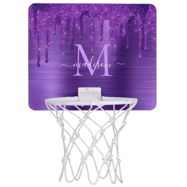 Chic Purple Dripping Glitter Brush Metal Monogram Mini Basketball Hoop (Front)