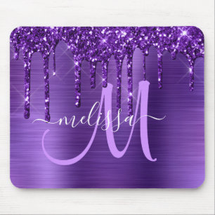 Chic Purple Dripping Glitter Brush Metal Monogram Mouse Pad