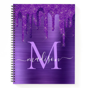 Chic Purple Dripping Glitter Brush Metal Monogram Notebook