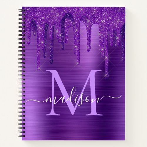 Chic Purple Dripping Glitter Brush Metal Monogram Notebook