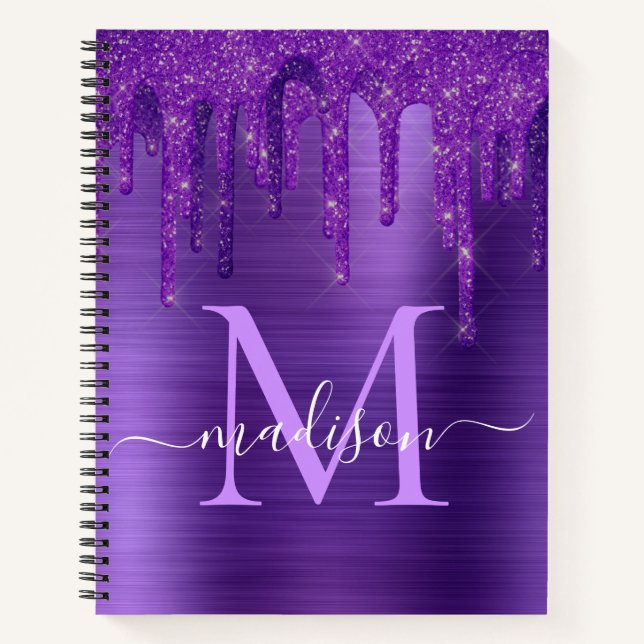 Chic Purple Dripping Glitter Brush Metal Monogram Notebook (Front)