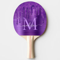 Chic Purple Dripping Glitter Brush Metal Monogram Ping Pong Paddle