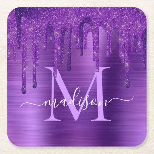 Chic Purple Dripping Glitter Brush Metal Monogram Square Paper Coaster