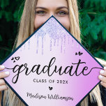 Chic Purple Dripping Glitter Modern Script Hearts Graduation Cap Topper<br><div class="desc">Your favorite grad will stand out and make a statement when they wear this graduation cap topper! Let them celebrate their milestone with this girly, stunning, simple, modern, custom graduation keepsake. A fun, playful visual of black script handwriting and cute, playful hearts, along with her name and class year, overlay...</div>