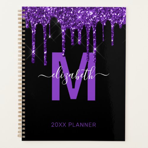 Chic Purple Dripping Glitter Monogram Name 2024 Planner