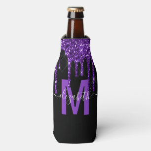 Chic Purple Dripping Glitter Monogram Name Bottle Cooler