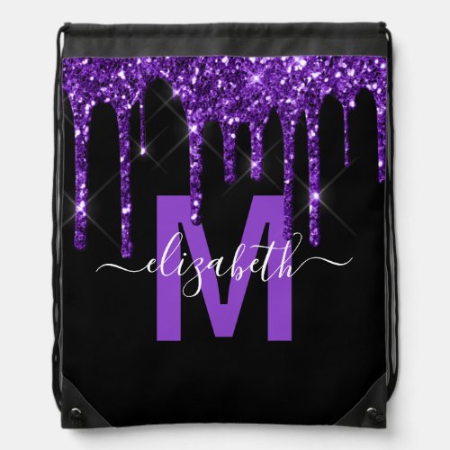 Chic Purple Dripping Glitter Monogram Name Drawstring Bag