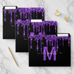 Chic Purple Dripping Glitter Monogram Name File Folder