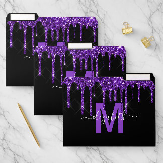 Chic Purple Dripping Glitter Monogram Name File Folder
