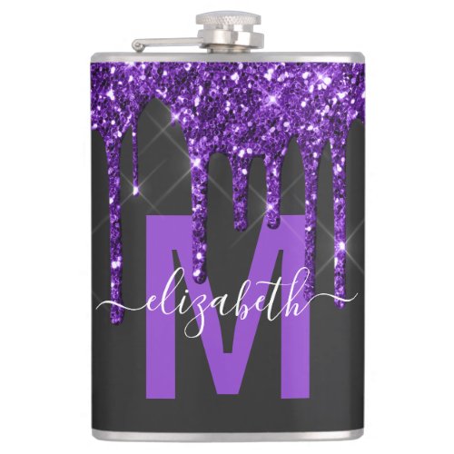 Chic Purple Dripping Glitter Monogram Name Flask