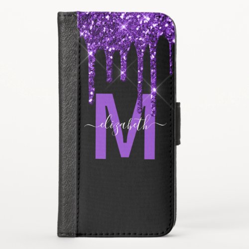 Chic Purple Dripping Glitter Monogram Name iPhone X Wallet Case