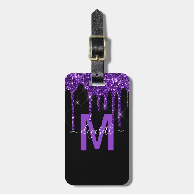 Chic Purple Dripping Glitter Monogram Name Luggage Tag (Front Vertical)