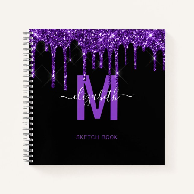 Chic Purple Dripping Glitter Monogram Name Notebook (Front)