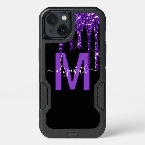 Chic Purple Dripping Glitter Monogram Name iPhone 13 Case