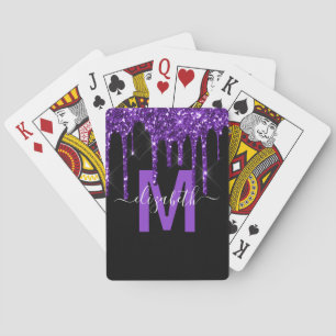 Chic Purple Dripping Glitter Monogram Name Poker Cards
