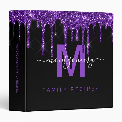 Chic Purple Dripping Glitter Monogram Name Recipe 3 Ring Binder