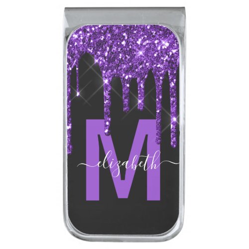 Chic Purple Dripping Glitter Monogram Name Silver Finish Money Clip