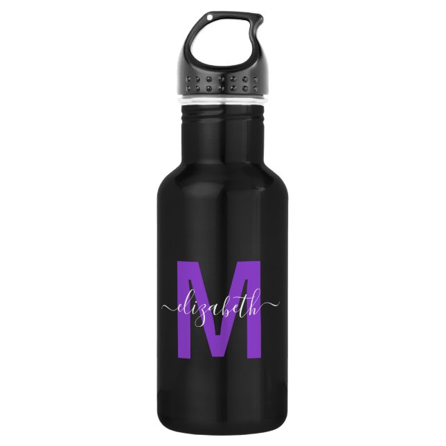Chic Purple Dripping Glitter Monogram Name Stainless Steel Water Bottle (Front)