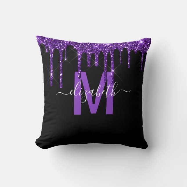 Chic Purple Dripping Glitter Monogram Name Throw Pillow (Front)