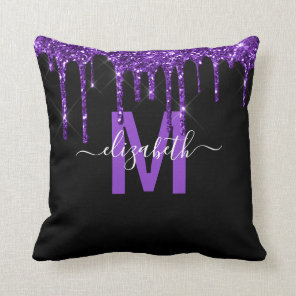 Chic Purple Dripping Glitter Monogram Name Throw Pillow