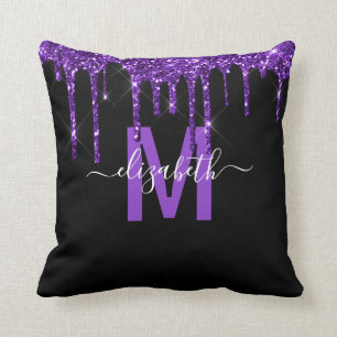 Chic Purple Dripping Glitter Monogram Name Throw Pillow