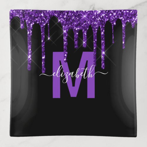 Chic Purple Dripping Glitter Monogram Name Trinket Tray