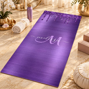 Chic Purple Dripping Glitter Monogram Name Yoga Mat