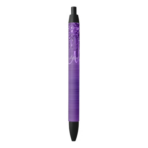 Chic Purple Dripping Glitter Monogram Script Name  Black Ink Pen
