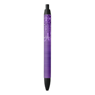 Chic Purple Dripping Glitter Monogram Script Name Pen