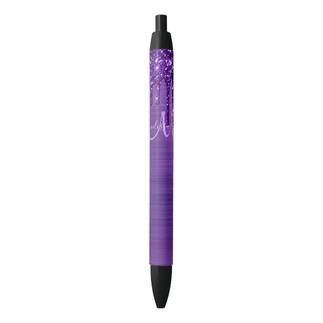 Chic Purple Dripping Glitter Monogram Script Name  Pen (Front Vertical)