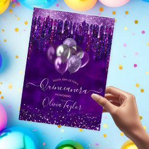 Chic purple drips glitter balloons Quinceanera Invitation