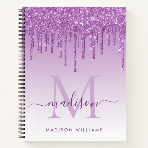 Chic Purple Drips Glitter Sparkle Monogram Script Notebook