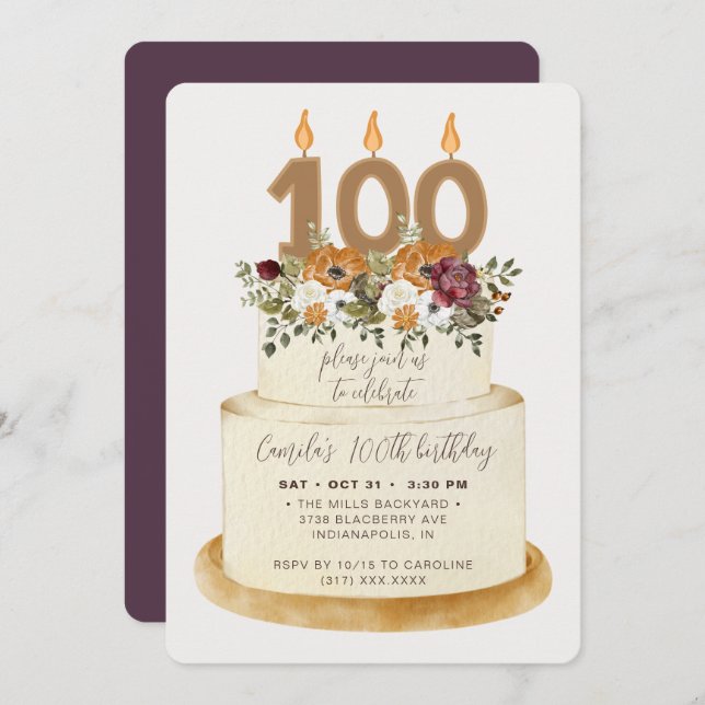 Chic Purple Fall Autumn 100th Birthday Cake Invitation (Front/Back)