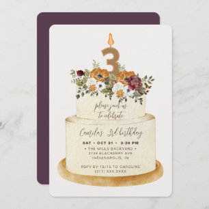 Chic Purple Fall Autumn 3rd Birthday Cake Invitation